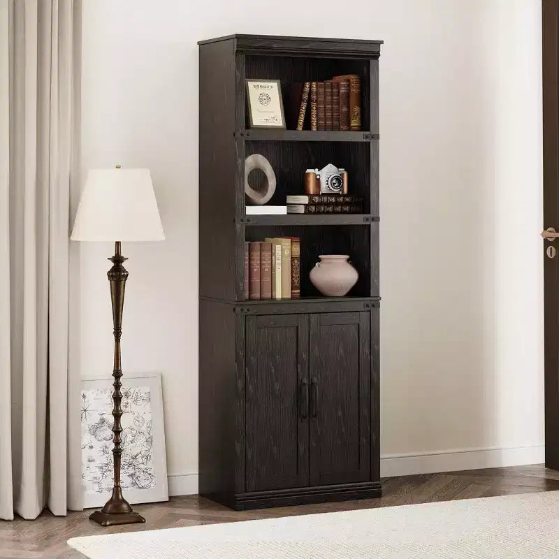 Librerie rustiche con ante, Libreria a 5 ripiani con contenitore, Mobiletto in legno per soggiorno, casa, ufficio, camera da letto