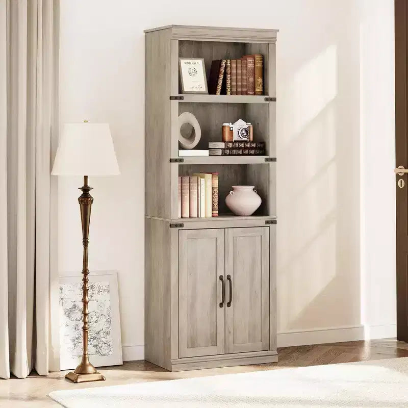 Librerie rustiche con ante, Libreria a 5 ripiani con contenitore, Mobiletto in legno per soggiorno, casa, ufficio, camera da letto