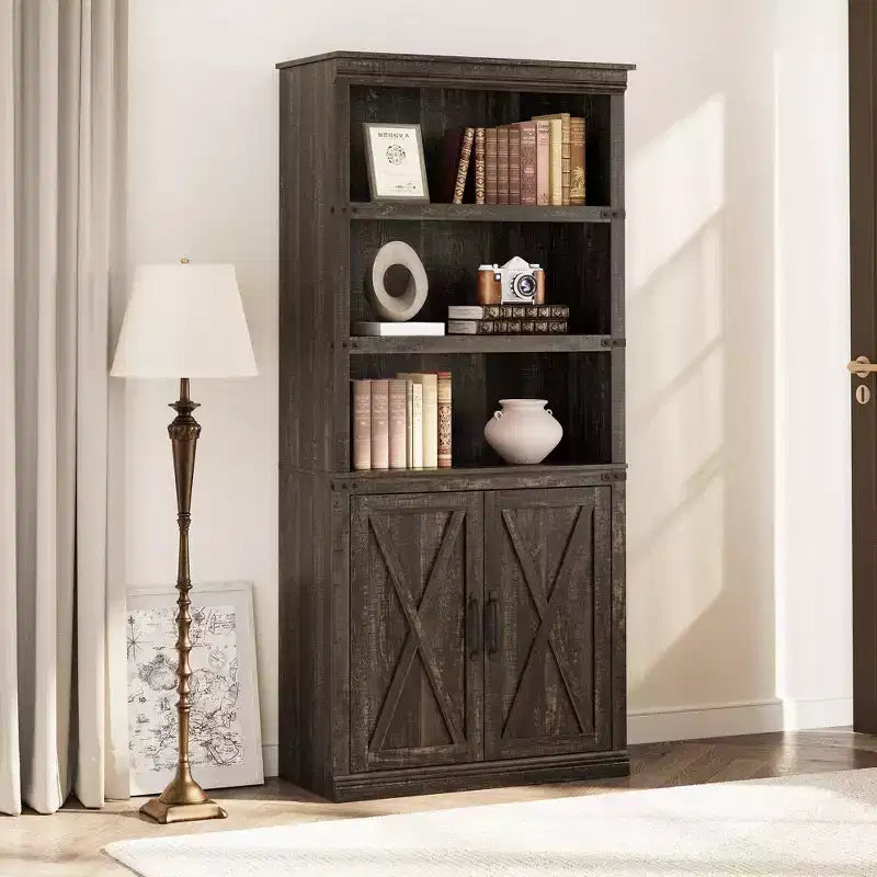 Librerie rustiche con ante, Libreria a 5 ripiani con contenitore, Mobiletto in legno per soggiorno, casa, ufficio, camera da letto