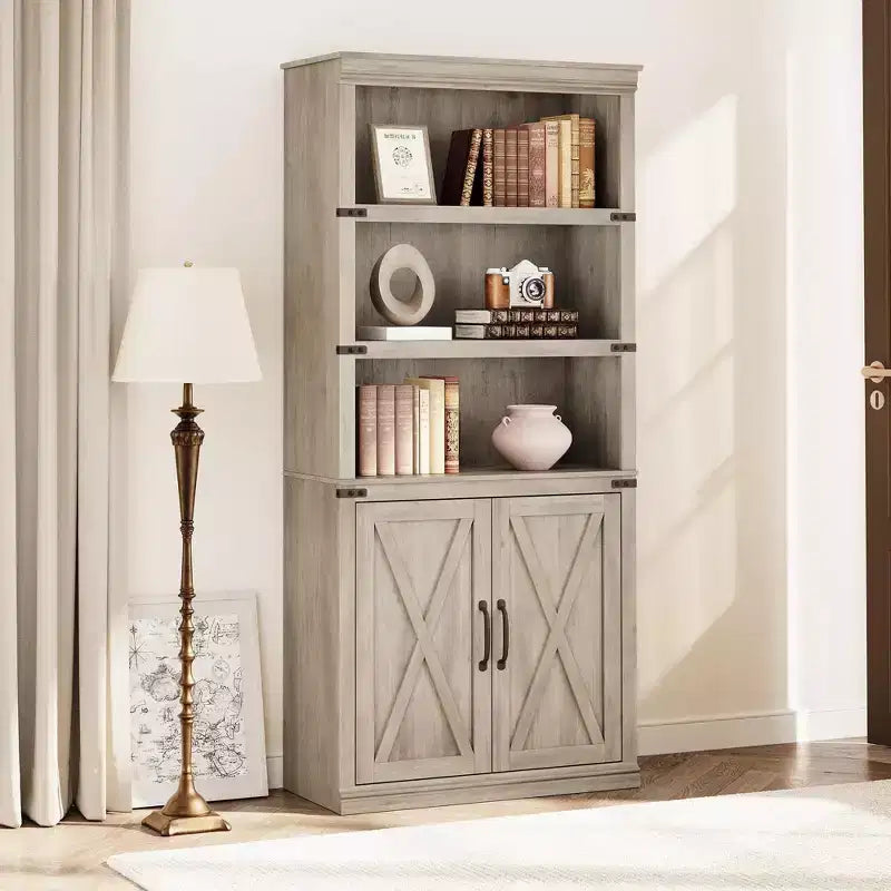 Librerie rustiche con ante, Libreria a 5 ripiani con contenitore, Mobiletto in legno per soggiorno, casa, ufficio, camera da letto