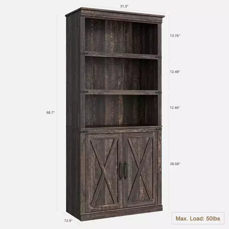 Librerie rustiche con ante, Libreria a 5 ripiani con contenitore, Mobiletto in legno per soggiorno, casa, ufficio, camera da letto