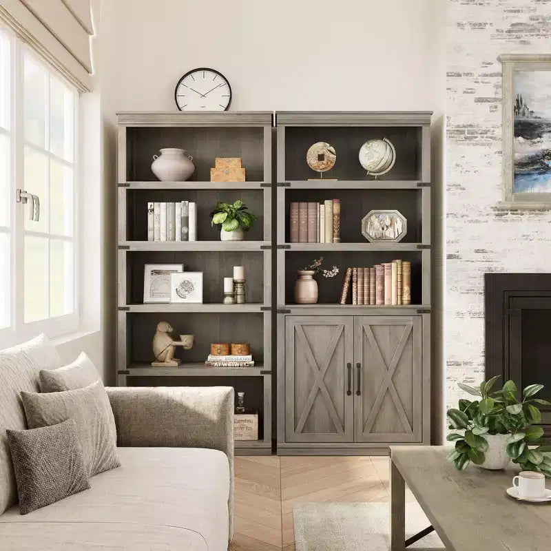 Librerie rustiche con ante, Libreria a 5 ripiani con contenitore, Mobiletto in legno per soggiorno, casa, ufficio, camera da letto