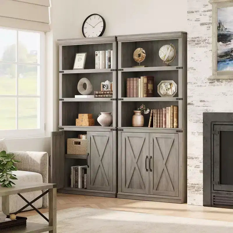 Librerie rustiche con ante, Libreria a 5 ripiani con contenitore, Mobiletto in legno per soggiorno, casa, ufficio, camera da letto