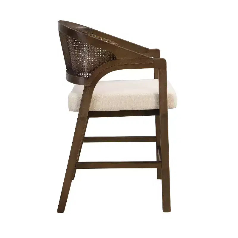 Sgabelli da bar Austin in legno di Hevea rivestiti con schienale curvo in canna ad altezza bancone noce/beige