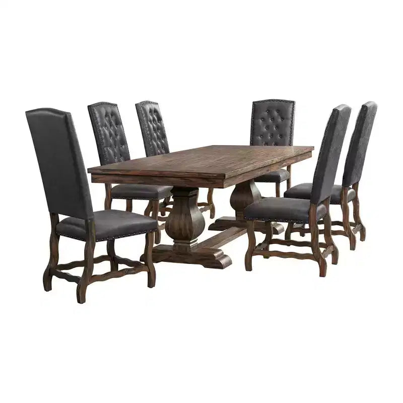 Tavolo da pranzo allungabile Hayward con 6 sedie con schienale alto e trapuntato, noce: Elegante base a doppio piedistallo