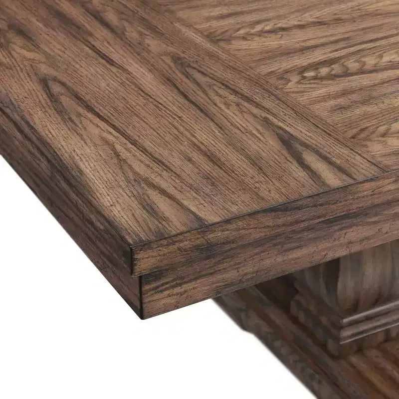 Tavolo da pranzo allungabile Hayward con 6 sedie con schienale alto e trapuntato, noce: Elegante base a doppio piedistallo