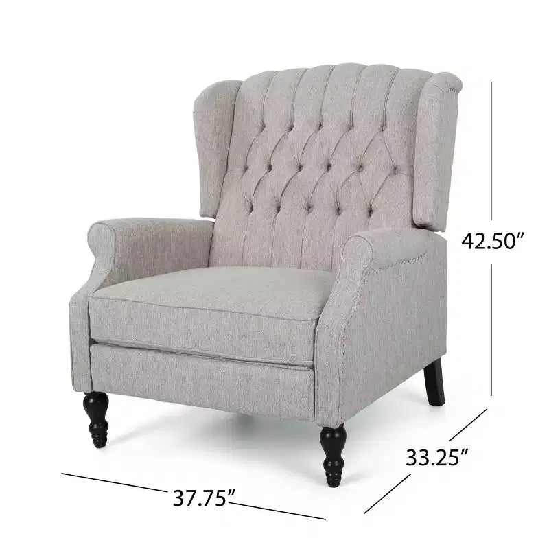 Poltrona Reclinabile Grande Apaloosa con Schienale Alto e Schienale a Pressione Grigio Chiaro: Trapuntata, Profili Borchiati, Gambe in Legno