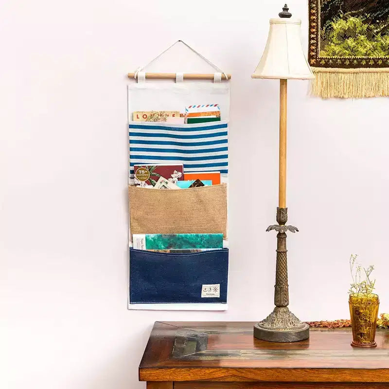 Organizzatore da appendere alla porta dell'armadio a 2 scomparti, borsa portaoggetti a parete con 3 tasche in tessuto di cotone foderato, 11,75x27 pollici